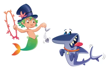 Selbstklebende Fototapeten Triton mit Hai. Lustige Cartoon- und Vektorfiguren. © ddraw