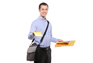A postman delivering mail isolated on white background