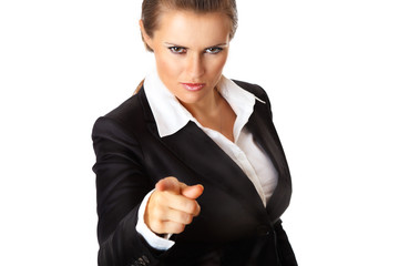 modern business woman pointing finger at you isolated on white