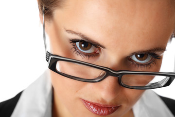 closeup of modern business woman with eyeglasses isolated