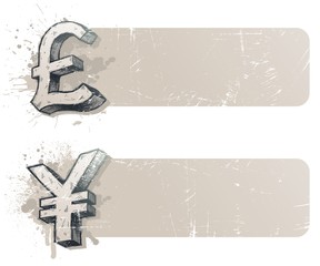 Banners with hand drawn currency signs - yen and pound sterling