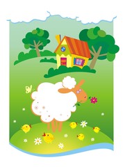 Summer background with small house and sheep