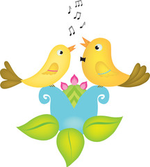 Vector illustration of two little birds singing