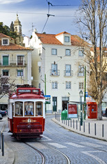 Vintage old Red Tram in  lisbon, Portugal