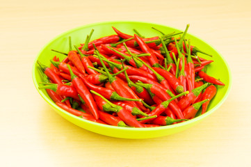 Hot peppers in the plate on wooden table