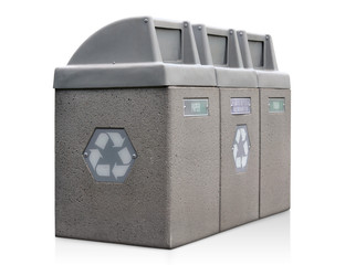 Recycle bins for paper, plastic bottles, and cans
