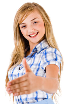 Left handed business women gives shake hand