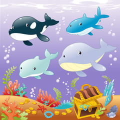 Family animals in the sea. Cartoon and vector illustration