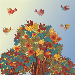 Autumn background with trees and birds