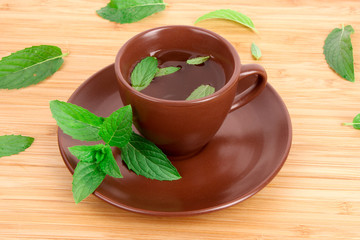 Cup of green tea on the saucer with mint on wooden surface