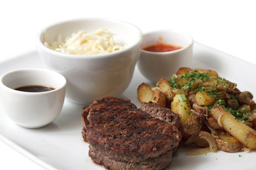 fried steak and sauces on a white plate