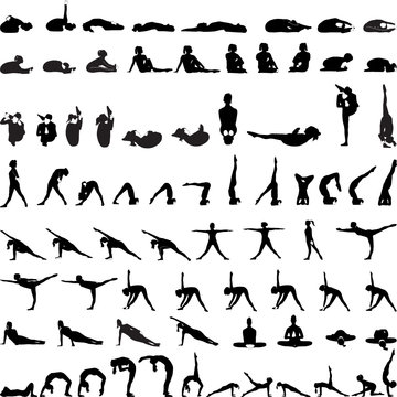 Various yoga postures silhouettes vector--