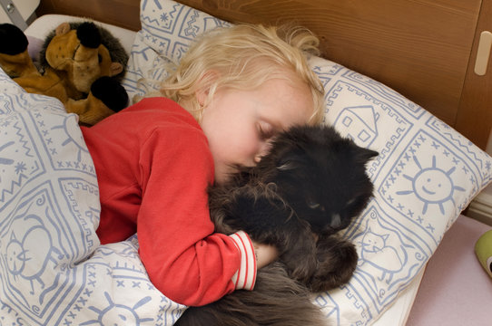Kleines Mädchen schläft und hält eine schwarze Katze im Arm