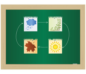Paper with the seasons; attached on a school blackboard