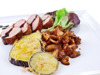 eggplant tempura with pork fillet and mushrooms