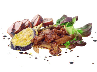 fresh salad & cooked vegetables with bacon wrapped pork