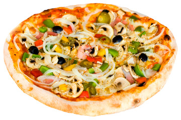 pizza mit champignons,schinken,schwarzen oliven,freisteller