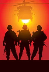 Abwaschbare Fototapete Militär Vektorsilhouette von Baumsoldaten mit Hubschrauber