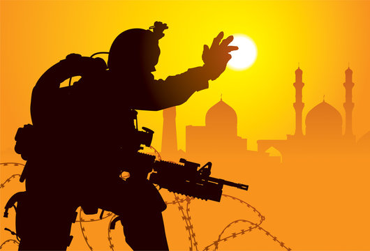 Vector silhouette of a soldier with mosques on the background