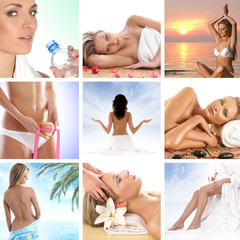 A collage of spa treatment images wih yong women