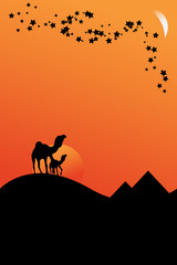Fototapeta na wymiar Camels walking in desert sunset, travel concept. Vector Image