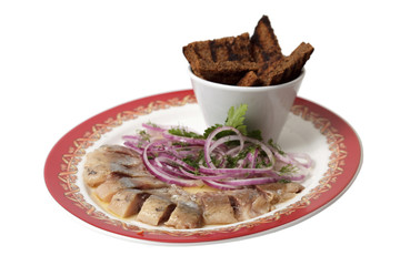 herring with crackers on a plate. object on a white background