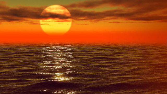 The sun sits down in the waves sea