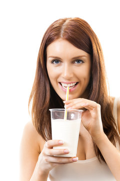 Portrait of young woman drinking milk, isolated on white