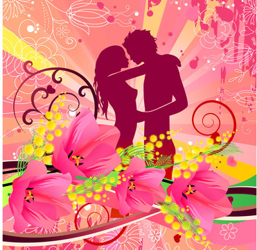 Floral greeting card with silhouette of couple