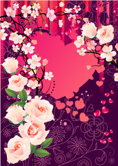 Floral greeting card with heart, blossom and white roses