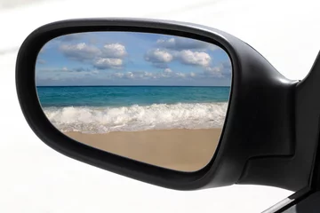 Papier Peint photo Caraïbes rearview car driving mirror tropical caribbean beach