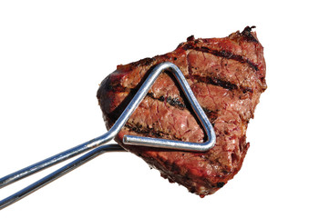 Tongs Holding Grilled Beef Loin Top Sirloin Steak