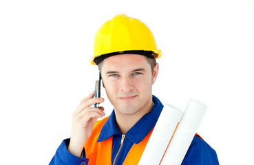 Young male worker wearing helmet