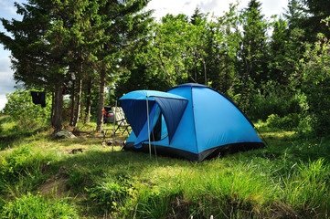 Blue tent in a forest
