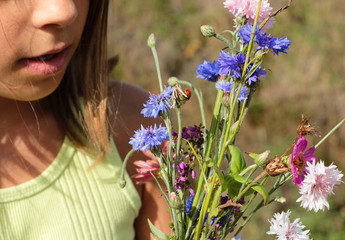 une coccinelle sur le bouquet de fleurs sauvages