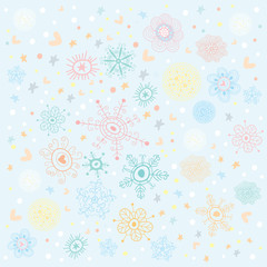 Background of multi-colored snowflakes and the patterns