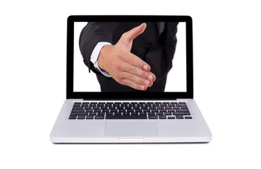 Hand coming out from the screen of the laptop