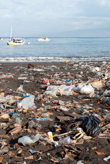 Trash on a dirty beach, Indonesia