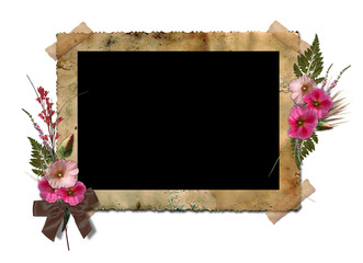 The frame with a bouquet of flowers hollyhocks.