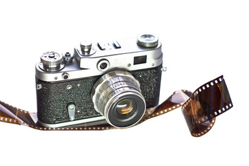 Retro film camera is shown on 35mm film.