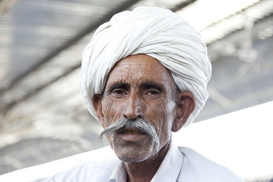 Portrait Of A Rajasthani Indian Man With Turban.