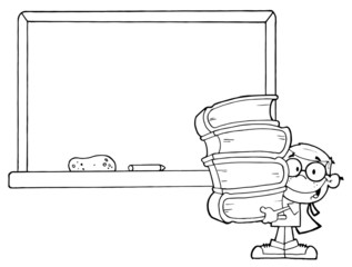 Outlined Student With Books In Front Of School Chalk Board