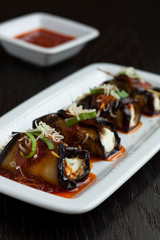 Eggplant rolls stuffed with cottage cheese