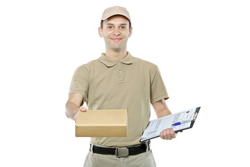 A delivery man bringing a package and holding out a clipboard