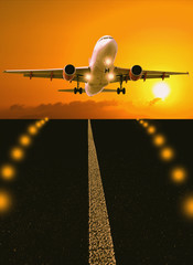 Airplane above runway in sunset