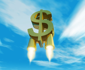 símbolo de dinero impulsado por toberas de cohete