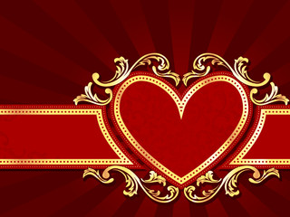 Horizontal heart-shaped red banner with gold filigree