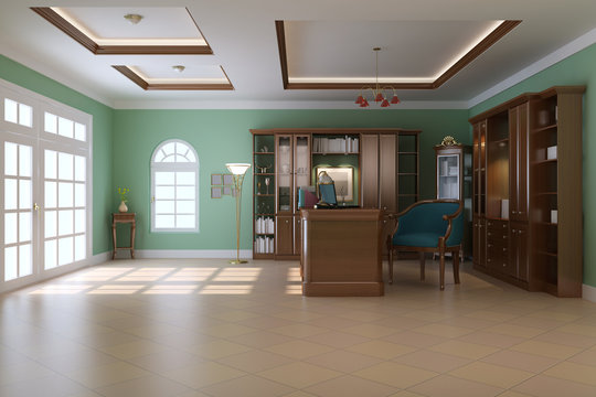 3d rendering luxury classic study room