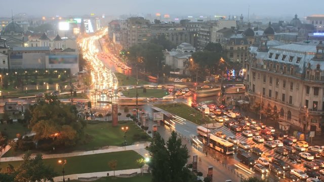 Time lapse traffic at twilight in Bucharest, Rumania