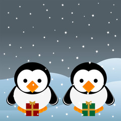 Penguins over snow field with Christmas gifts